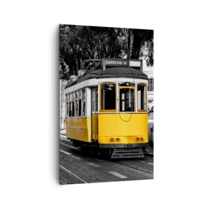 Quadro su tela - Stampe su Tela - Un tram giallo sullo sfondo di una strada bianca e nera - 80x120cm - Con il fado in sottofondo - Decorazione murale moderna per soggiorno e camera da letto ARTTOR