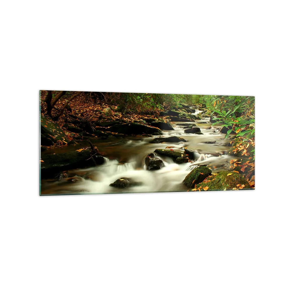 Quadro su vetro - Un ruscello nella foresta che scorre tra le pietre circondato dal verde - 120x50cm - Come argento liquido - Decorazione murale moderna per soggiorno e camera da letto ARTTOR