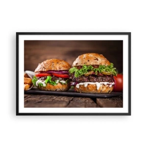 Poster in cornice nera - Appetitosi hamburger con verdure e salsa - 70x50cm - American dream - Decorazione murale moderna per soggiorno e camera da letto ARTTOR