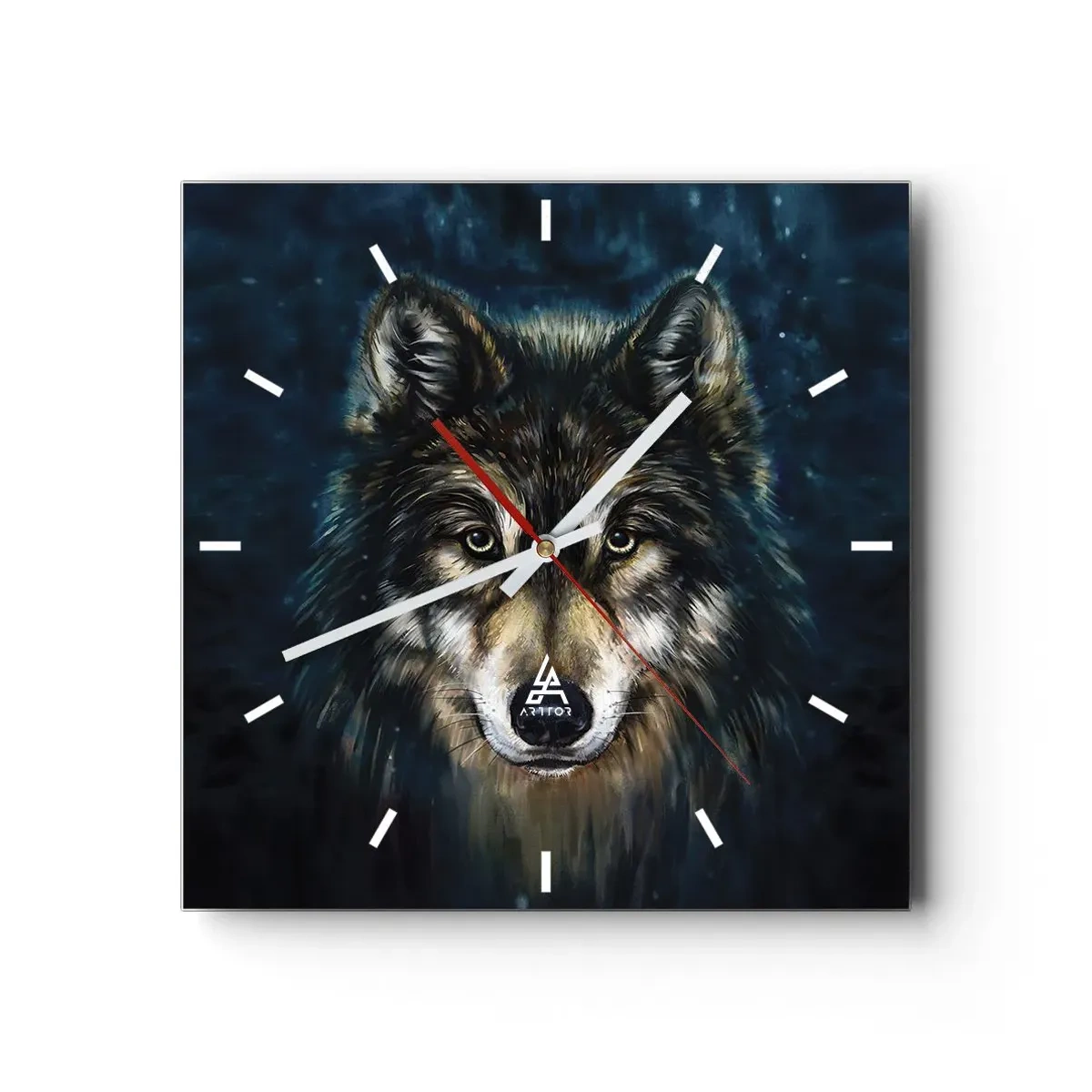Orologio da parete - Orologio in Vetro - Ritratto di un lupo su sfondo blu scuro - 30x30cm - Alfa? E omega - Decorazione murale moderna per soggiorno e camera da letto ARTTOR