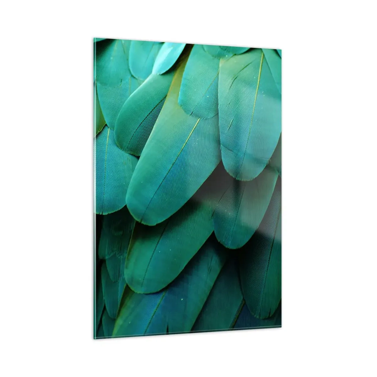Quadro su vetro - Primo piano delle piume di un pappagallo di un verde intenso. - 50x70cm - Precisione da pappagallo - Decorazione murale moderna per soggiorno e camera da letto ARTTOR