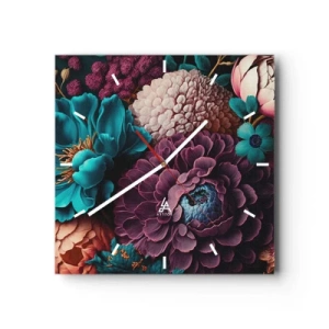 Orologio da parete - Orologio in Vetro - Un mazzo di fiori dai colori intensi su uno sfondo scuro - 30x30cm - Ricchezza della natura - Decorazione murale moderna per soggiorno e camera da letto ARTTOR