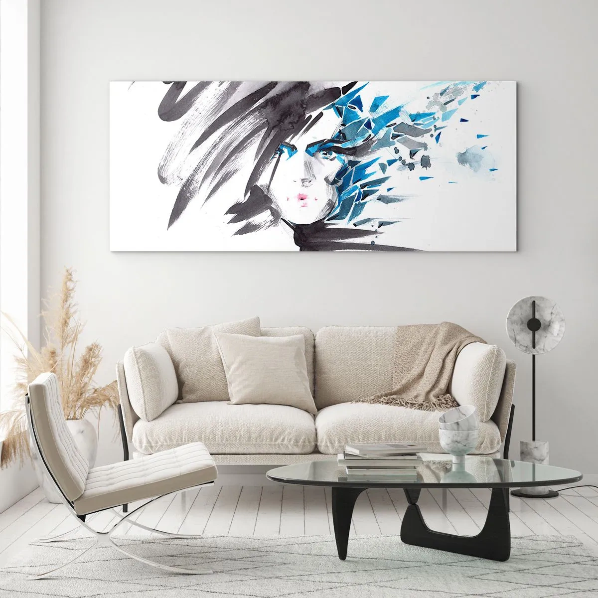 Quadro su vetro - Ritratto di sensualità in grigio e azzurro - 90x30 cm