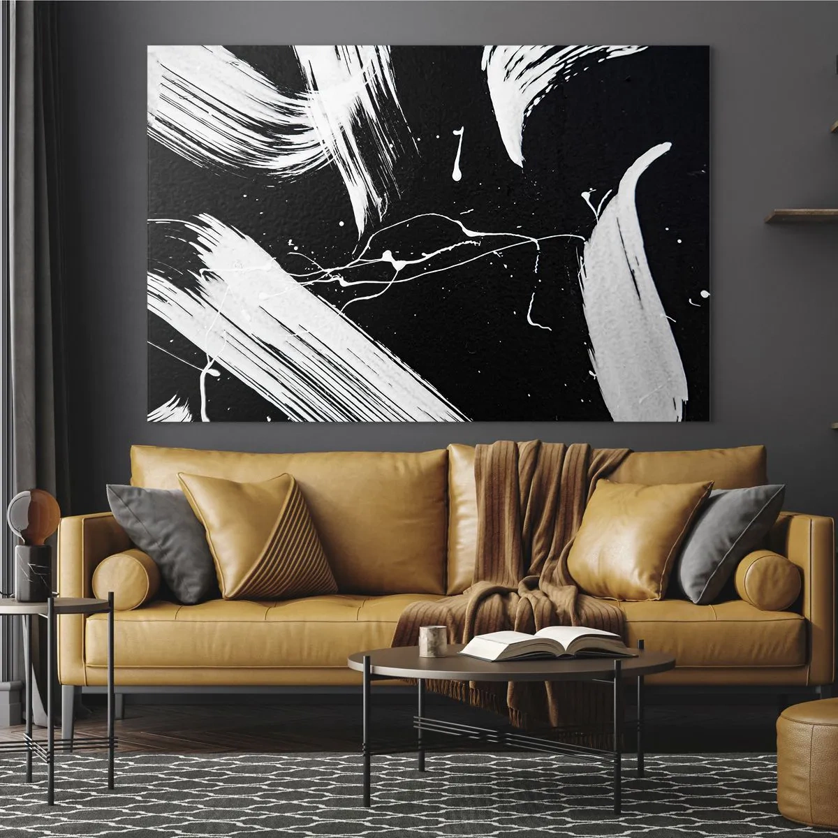 Quadro su vetro - Pennellate bianche su sfondo nero - 70x50cm - Spezzando l'oscurità - Decorazione murale moderna per soggiorno e camera da letto ARTTOR