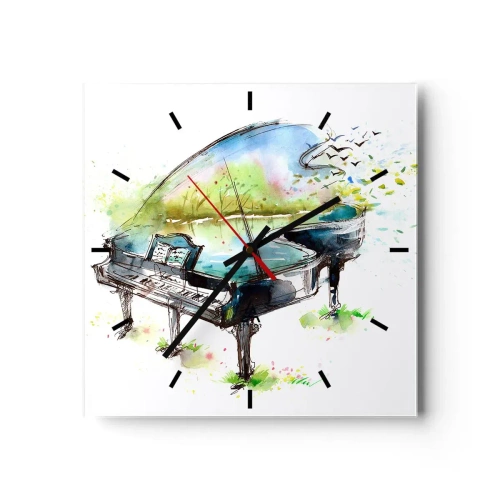 Orologio da parete - Orologio in Vetro - Dipinto artistico ad acquerello di un pianoforte con la natura sullo sfondo - 30x30cm - Incantato nella musica - Decorazione murale moderna per soggiorno e camera da letto ARTTOR