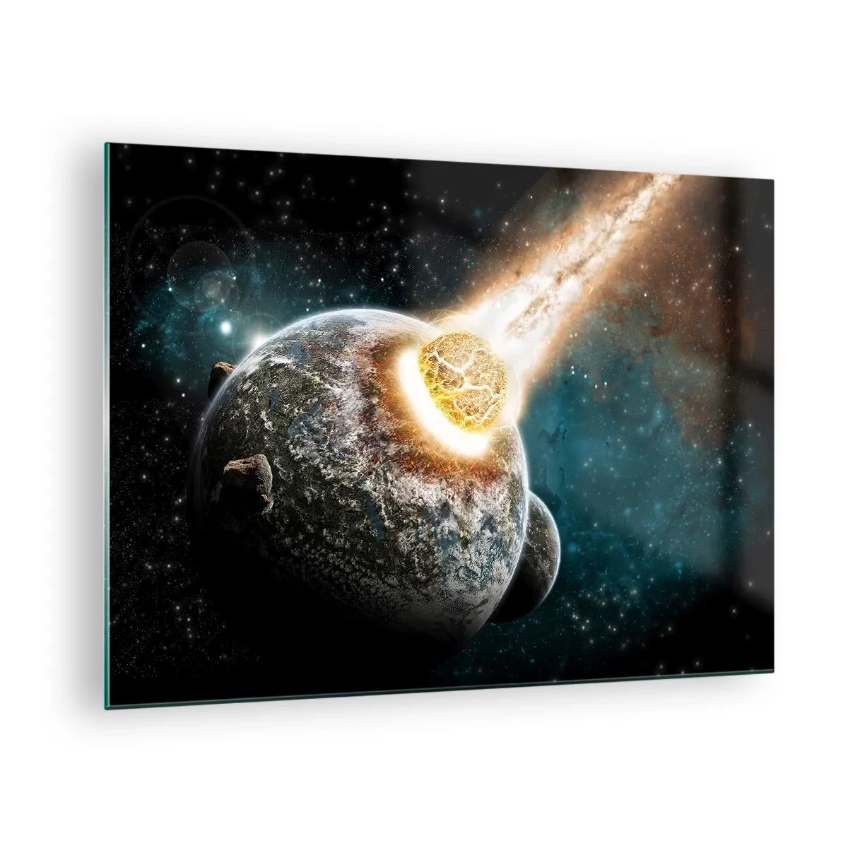 Quadro su vetro - Un pianeta in collisione con un meteorite - 70x50cm - Estinzione o nascita? - Decorazione murale moderna per soggiorno e camera da letto ARTTOR