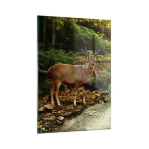 Quadro su vetro - Un cervo vicino a un ruscello in una foresta illuminata dal sole - 50x70cm - Benvenuto nel mio mondo - Decorazione murale moderna per soggiorno e camera da letto ARTTOR