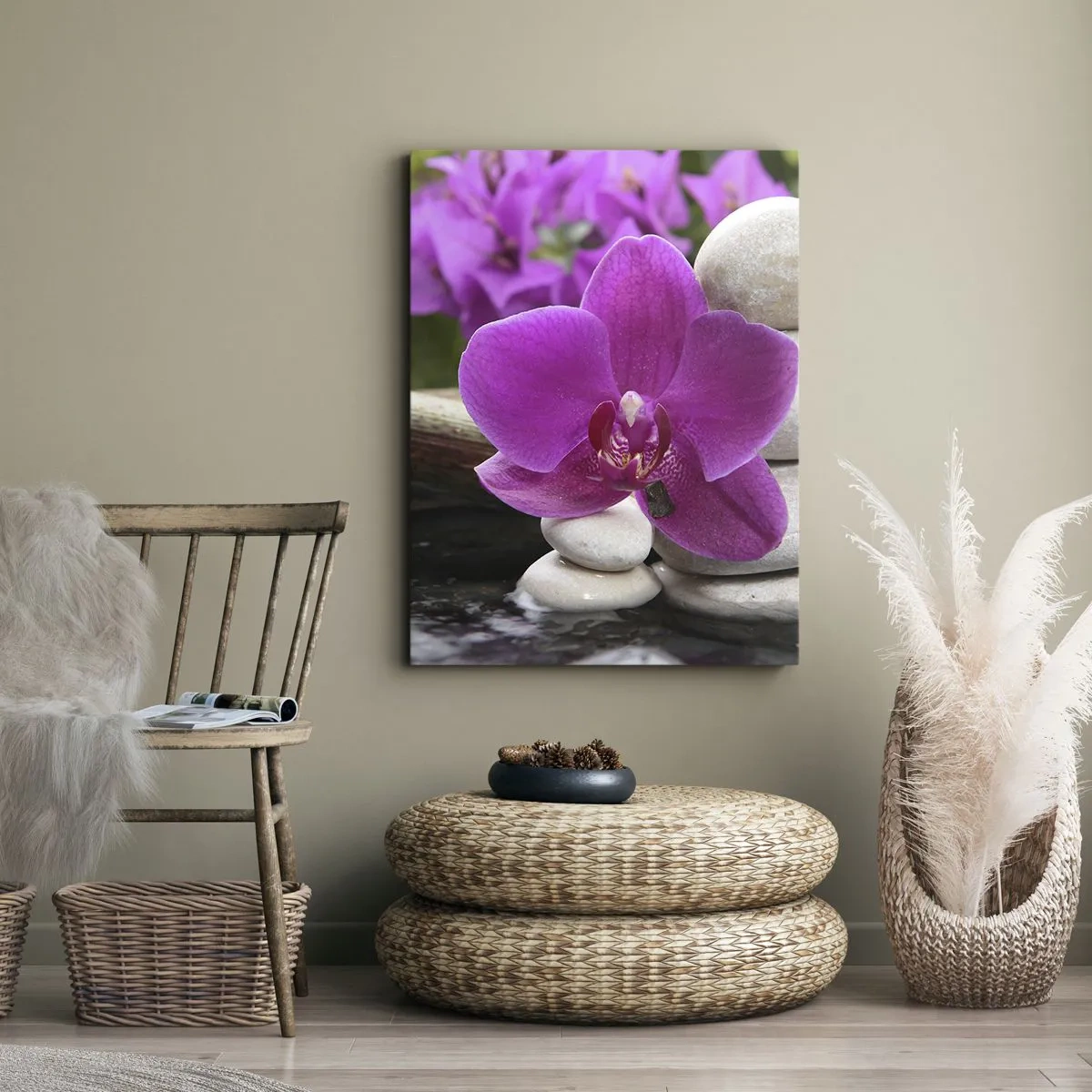 Quadro su tela - Stampe su Tela - Orchidea viola, pietre e bambù con acqua in un ambiente rilassante - 80x120cm - E già ti riposi - Decorazione murale moderna per soggiorno e camera da letto ARTTOR