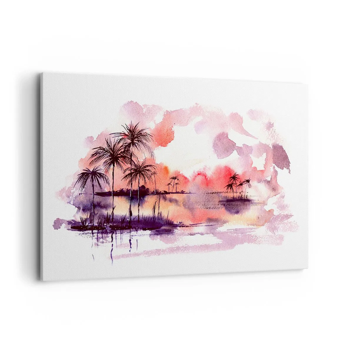 Quadro su tela - Stampe su Tela - Paesaggio tropicale con palme al tramonto in acquerello - 120x80cm - Pace dei tropici in rosso - Decorazione murale moderna per soggiorno e camera da letto ARTTOR