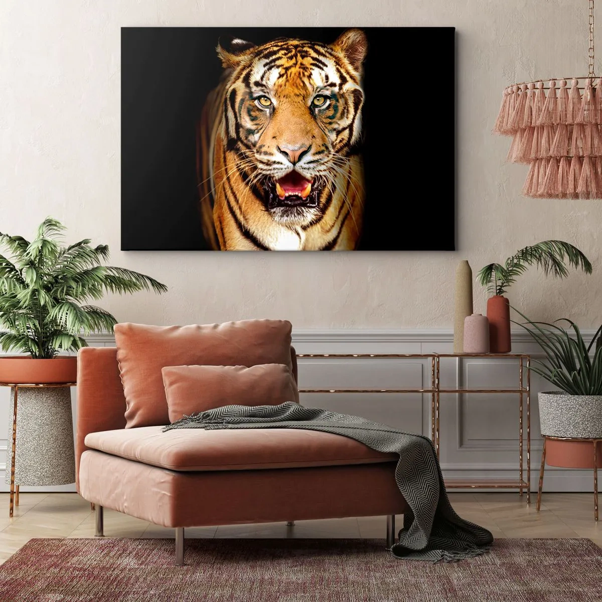 Quadro su tela - Stampe su Tela - Una tigre con la bocca aperta su uno sfondo nero - 70x50cm - Cuore selvatico - Decorazione murale moderna per soggiorno e camera da letto ARTTOR