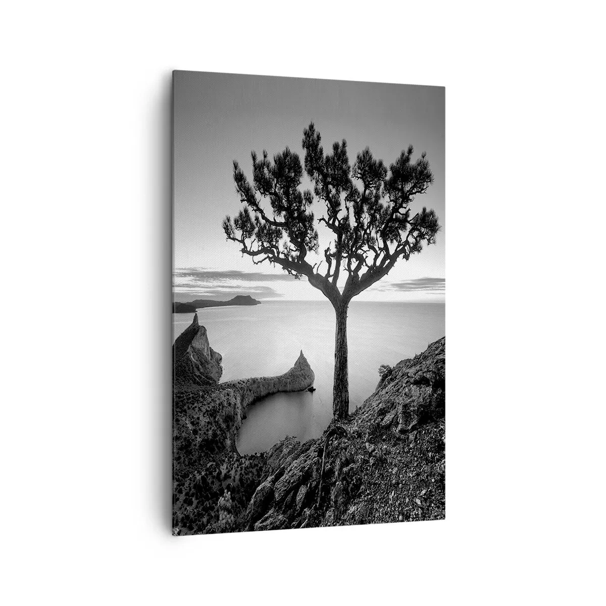 Quadro su tela - Stampe su Tela - Paesaggio in bianco e nero con un albero solitario su una scogliera a picco sul mare - 80x120cm - Pace fino all'orizzonte - Decorazione murale moderna per soggiorno e camera da letto ARTTOR