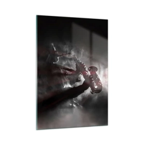 Quadro su vetro - Sassofonista in una nebbia di fumo in bianco e nero - 50x70cm - Nei fumi del jazz - Decorazione murale moderna per soggiorno e camera da letto ARTTOR