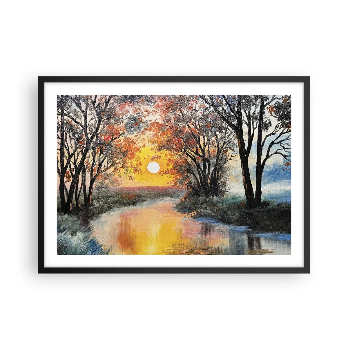 Poster in cornice nera - Tramonto sul fiume in un paesaggio autunnale - 70x50cm - Atmosfera autunnale - Decorazione murale moderna per soggiorno e camera da letto ARTTOR