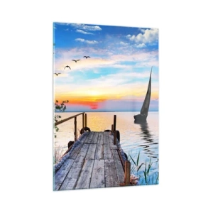 Quadro su vetro - Un molo sul lago al tramonto con una barca a vela sullo sfondo - 50x70cm - Buona sera - Decorazione murale moderna per soggiorno e camera da letto ARTTOR