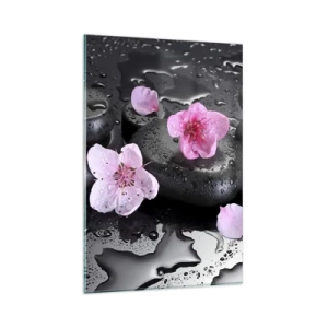 Quadro su vetro - Pietre nere e fiori rosa in stile spa - 80x120cm - E il cuore si libera di un peso - Decorazione murale moderna per soggiorno e camera da letto ARTTOR