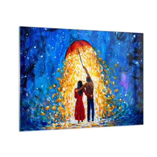 Quadro su vetro - Una coppia sotto un ombrello circondata da una luce dorata contro il cielo notturno - 70x50cm - La magia di una sera piovosa? - Decorazione murale moderna per soggiorno e camera da letto ARTTOR