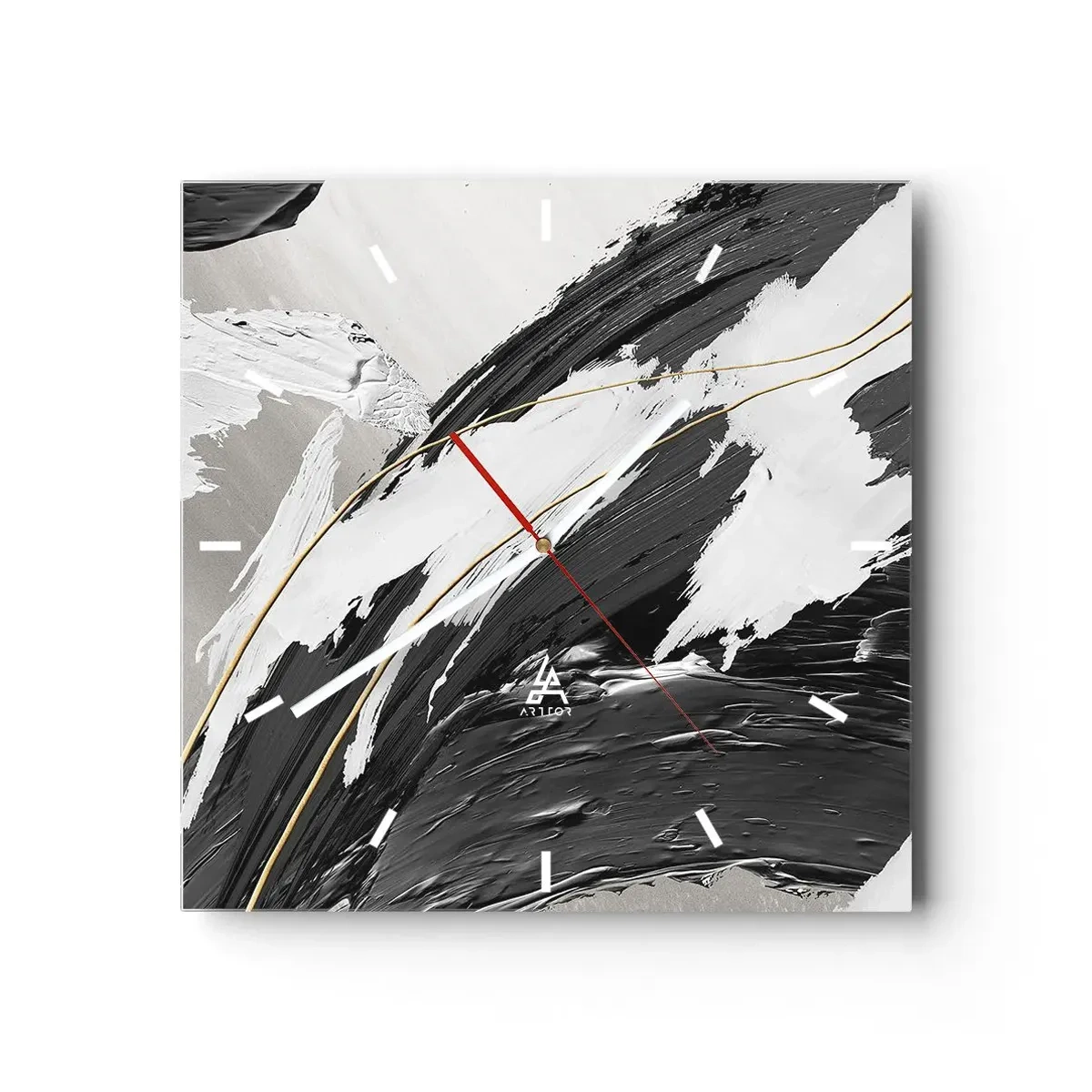 Orologio da parete - Orologio in Vetro - Pennellate di vernice bianca e nera con un sottile accento dorato - 30x30cm - Astrazione con sfarzo - Decorazione murale moderna per soggiorno e camera da letto ARTTOR