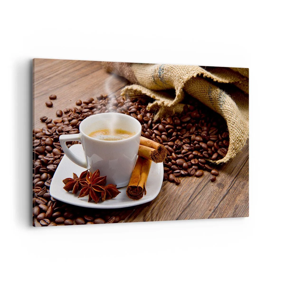 Quadro su tela - Stampe su Tela - Una tazza di caffè con cannella e anice su uno sfondo di chicchi di caffè - 120x80cm - Sapore e profumo speziato - Decorazione murale moderna per soggiorno e camera da letto ARTTOR