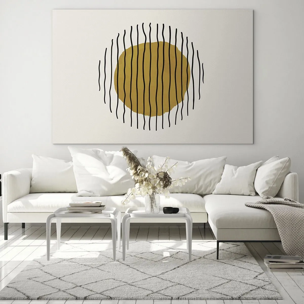 Quadro su vetro - Una composizione minimalista con un cerchio giallo e linee nere. - 100x70cm - Astrazione fremente di calore - Decorazione murale moderna per soggiorno e camera da letto ARTTOR