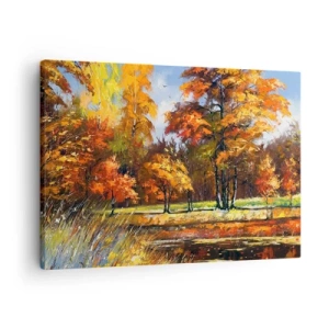 Quadro su tela - Stampe su Tela - Paesaggio autunnale con alberi colorati e uno stagno - 70x50cm - Paesaggio in oro e marrone - Decorazione murale moderna per soggiorno e camera da letto ARTTOR