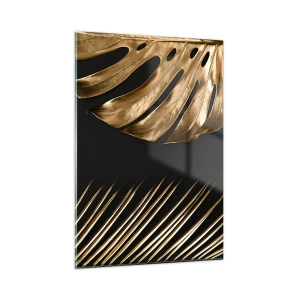 Quadro su vetro - Foglie di palma dorate e monstera su sfondo nero - 50x70cm - Diverse, ma ugualmente care - Decorazione murale moderna per soggiorno e camera da letto ARTTOR