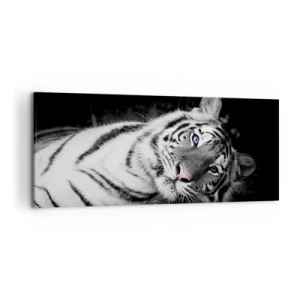 Quadro su tela - Stampe su Tela - Una tigre bianca artisticamente raffigurata su uno sfondo nero - 120x50cm - Selvaggità e pace - Decorazione murale moderna per soggiorno e camera da letto ARTTOR