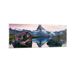 Quadro su vetro - Una cima di montagna riflessa in un lago al tramonto - 140x50cm - Il cuore dei monti è rovente - Decorazione murale moderna per soggiorno e camera da letto ARTTOR