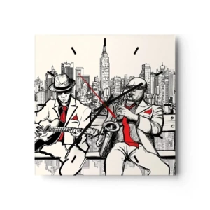 Orologio da parete - Orologio in Vetro - Un duo jazz con sassofono e chitarra sullo sfondo della città - 30x30cm - Improvvisare a New York - Decorazione murale moderna per soggiorno e camera da letto ARTTOR