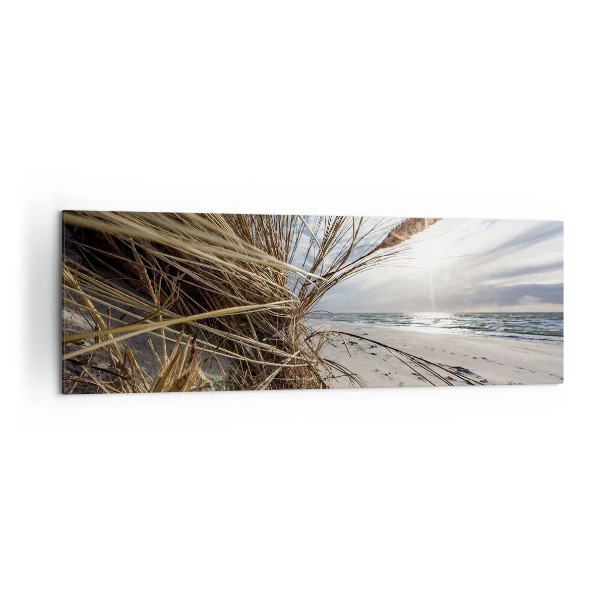 Quadro su tela - Stampe su Tela - Una spiaggia con erba secca sulle dune e vista sul mare - 160x50cm - L'incontro degli elementi - Decorazione murale moderna per soggiorno e camera da letto ARTTOR