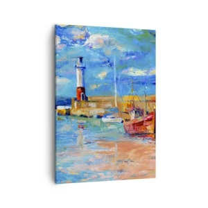 Quadro su tela - Stampe su Tela - Porto di pescatori con barche e un faro dai colori vivaci - 50x70cm - Pomeriggio nell'insenatura multicolore - Decorazione murale moderna per soggiorno e camera da letto ARTTOR