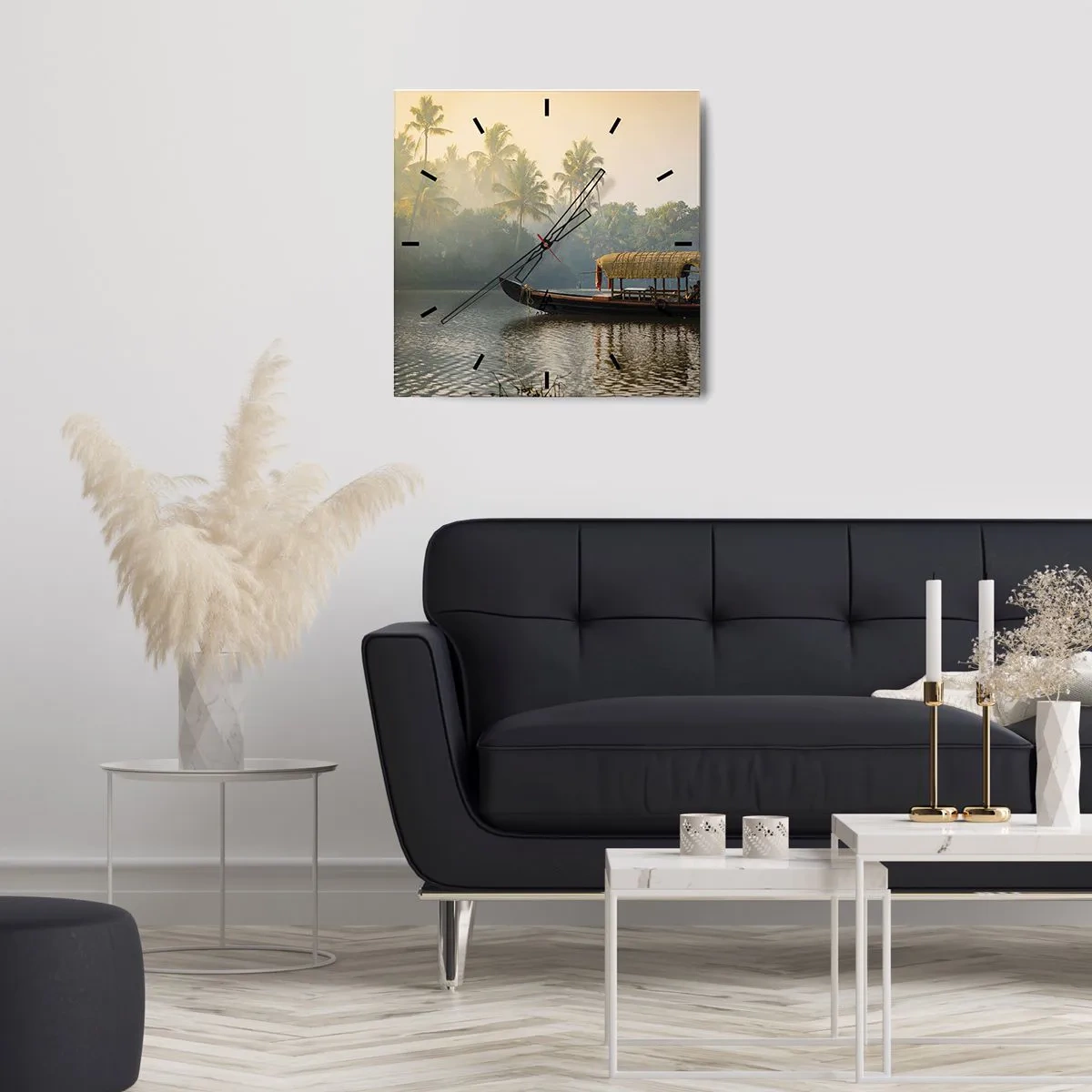 Orologio da parete - Orologio in Vetro - Una barca tradizionale su un fiume calmo tra le palme - 30x30cm - Casa sul fiume - Decorazione murale moderna per soggiorno e camera da letto ARTTOR