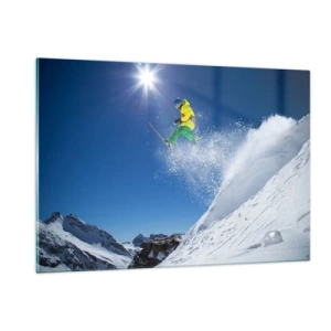 Quadro su vetro - Uno sciatore in azione sullo sfondo di montagne innevate - 120x80cm - Ballando con i monti - Decorazione murale moderna per soggiorno e camera da letto ARTTOR