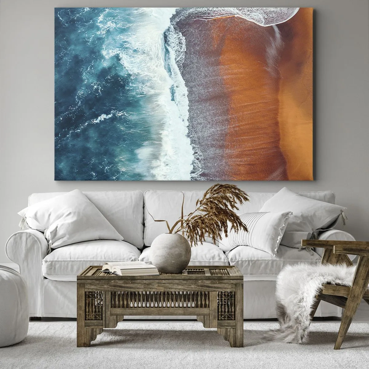Quadro su tela - Stampe su Tela - Una vista delle onde dell'oceano che si infrangono sulla spiaggia dorata - 120x80cm - Il tocco dell'oceano - Decorazione murale moderna per soggiorno e camera da letto ARTTOR