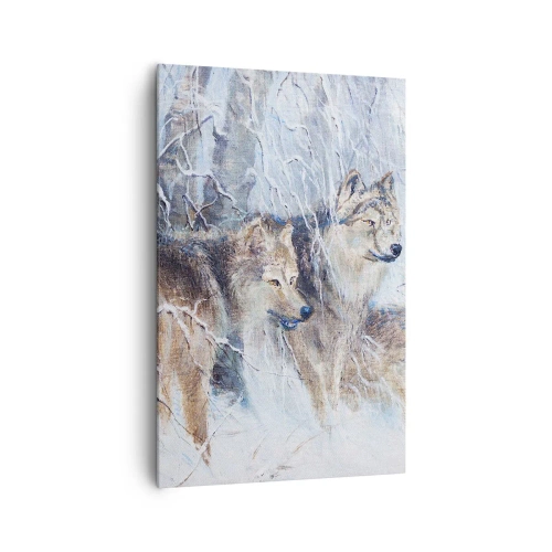 Quadro su tela - Stampe su Tela - Lupi in una foresta invernale contro uno sfondo innevato - 80x120cm - Attenzione! In arrivo... - Decorazione murale moderna per soggiorno e camera da letto ARTTOR
