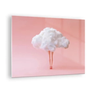 Quadro su vetro - Una figura femminile con una nuvola al posto del vestito su uno sfondo rosa pastello. - 70x50cm - Dolce promessa - Decorazione murale moderna per soggiorno e camera da letto ARTTOR