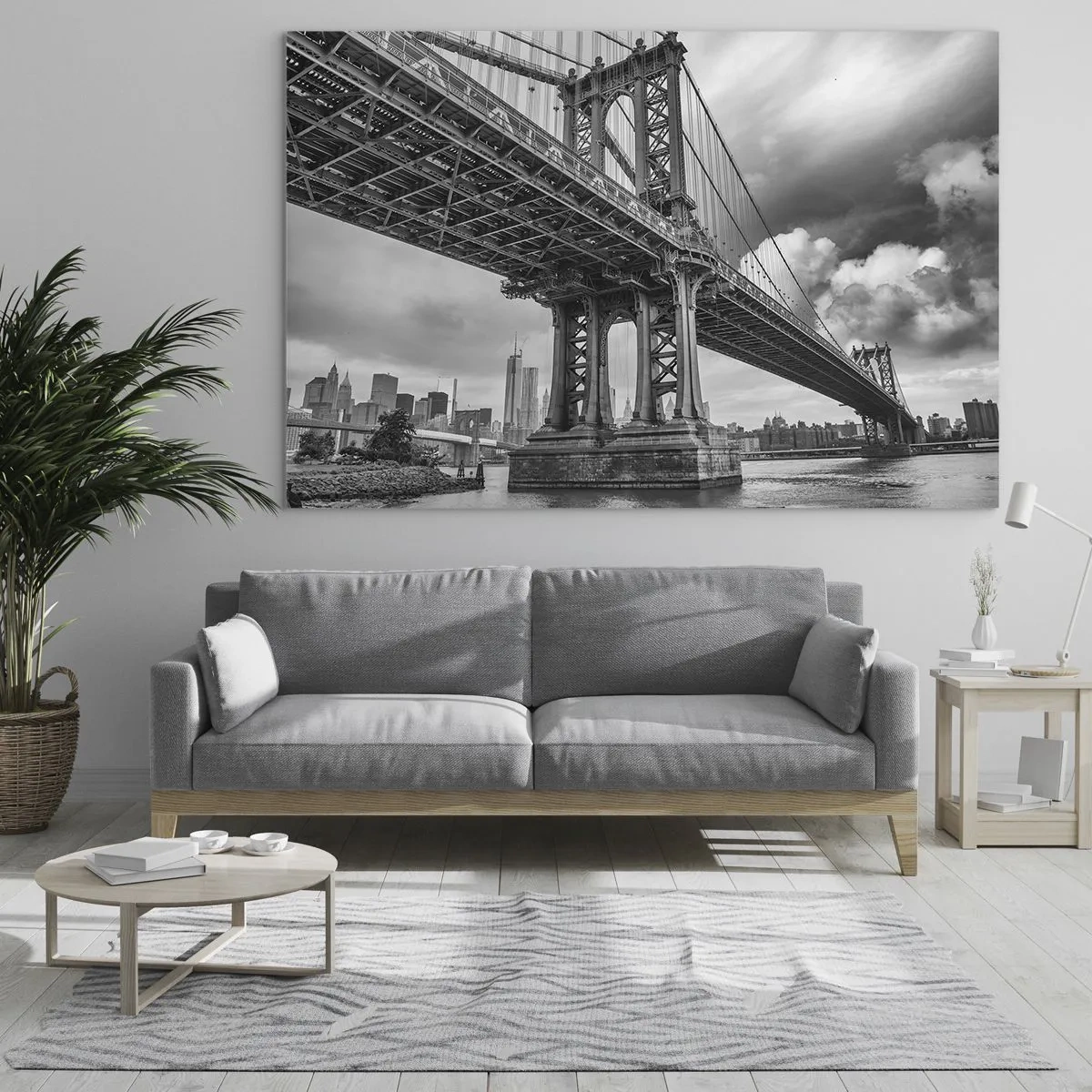 Quadro su vetro - Un ponte sospeso in un ambiente monocromatico - 100x70cm - Verso il cuore della città - Decorazione murale moderna per soggiorno e camera da letto ARTTOR