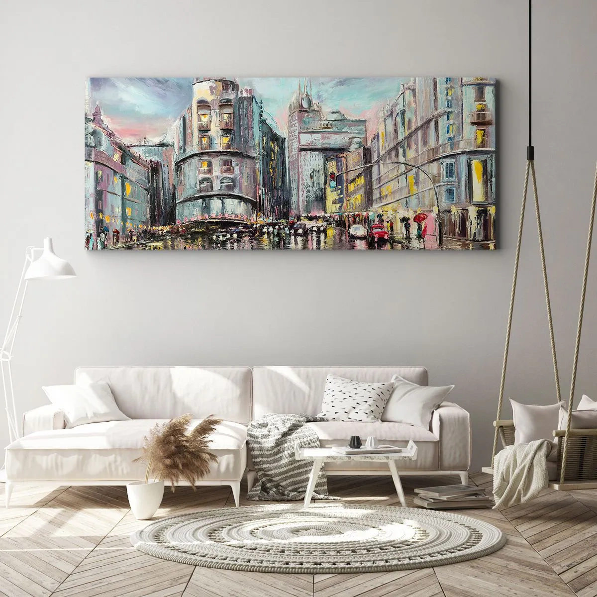 Quadro su tela - Stampe su Tela - Vista serale della città con riflessi sulla strada bagnata - 120x50cm - Sarà una serata riuscita - Decorazione murale moderna per soggiorno e camera da letto ARTTOR