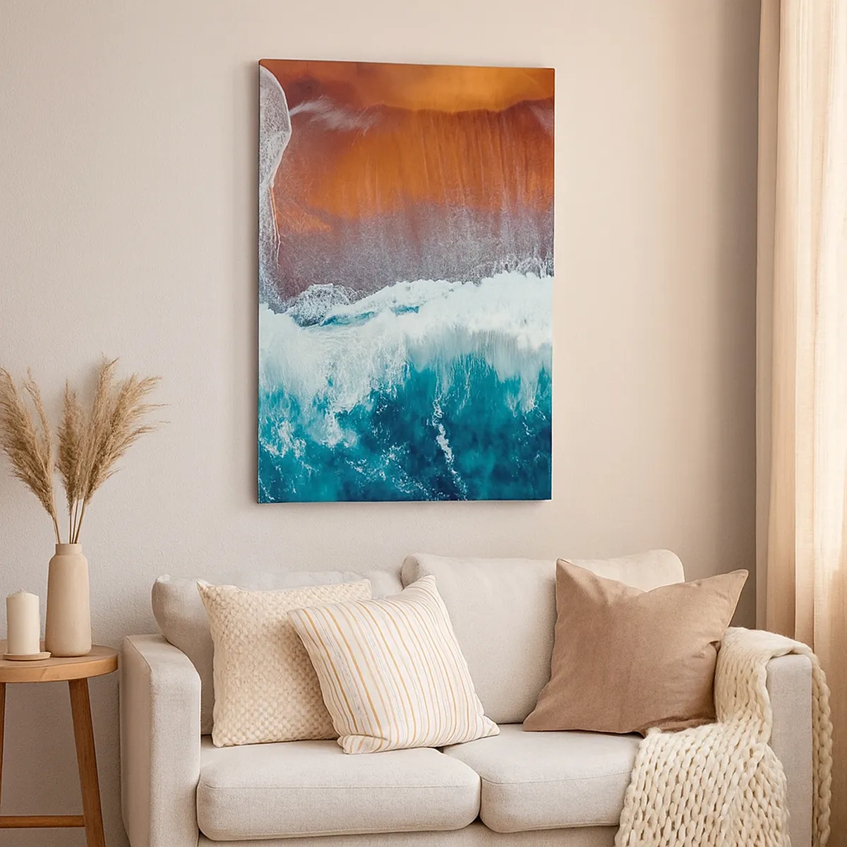 Quadro su tela - Stampe su Tela - Una vista delle onde dell'oceano che si infrangono sulla spiaggia dorata - 50x70cm - Il tocco dell'oceano - Decorazione murale moderna per soggiorno e camera da letto ARTTOR