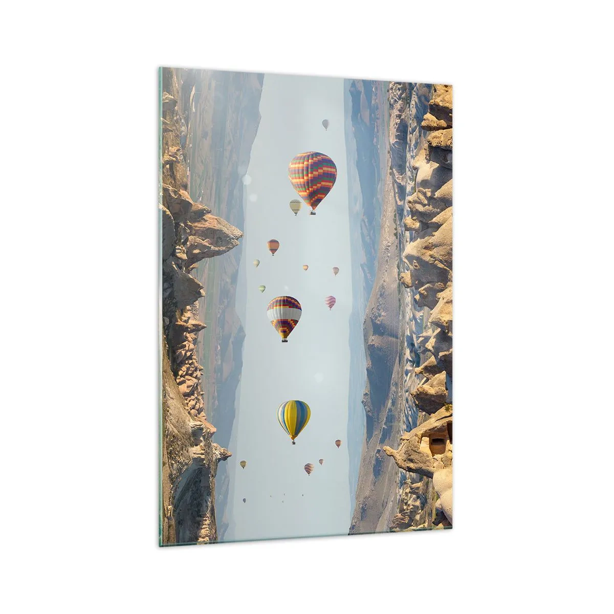 Quadro su vetro - Palloncini colorati su un paesaggio roccioso - 70x100cm - Qui tutto è possibile - Decorazione murale moderna per soggiorno e camera da letto ARTTOR