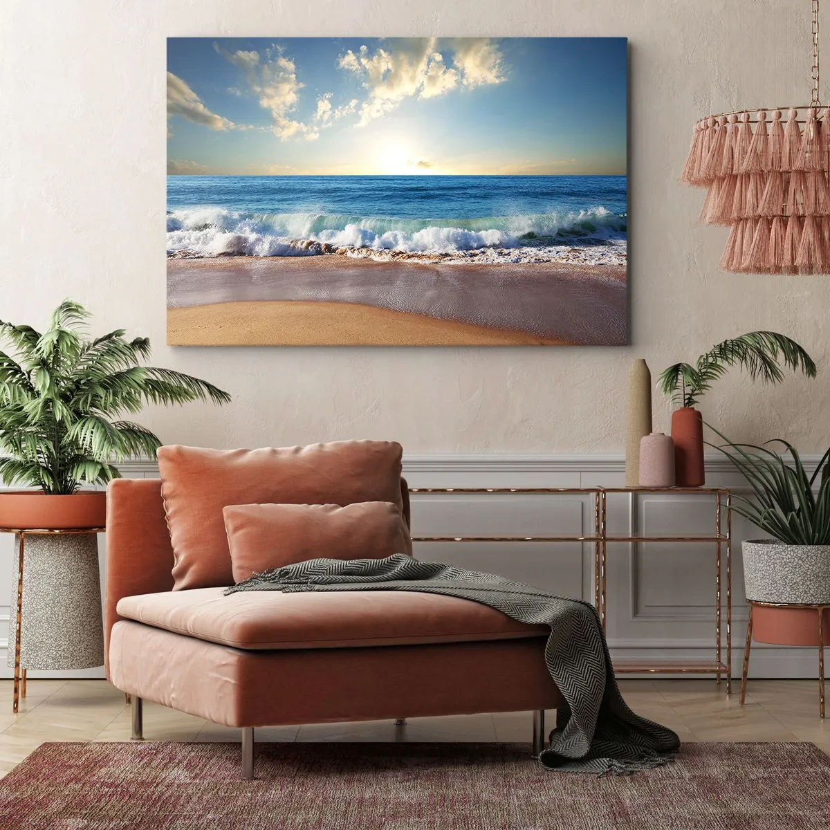 Quadro su tela - Stampe su Tela - Una spiaggia soleggiata con onde che si infrangono sulla riva - 120x80cm - Insieme movimento e immobilità - Decorazione murale moderna per soggiorno e camera da letto ARTTOR