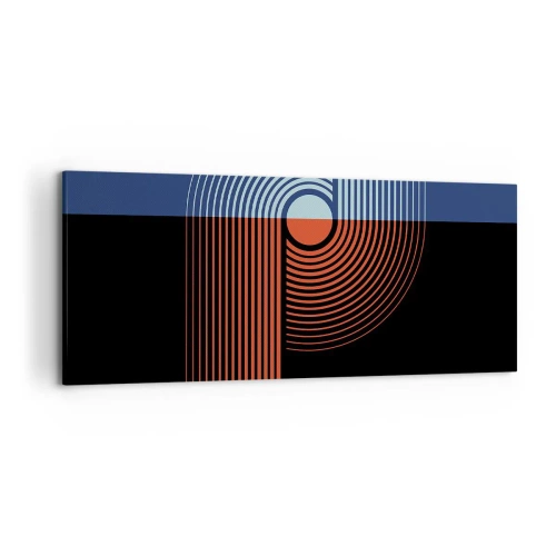 Quadro su tela - Stampe su Tela - Astrazione geometrica con linee blu navy e arancione. - 120x50cm - Nell'abbraccio geometrico - Decorazione murale moderna per soggiorno e camera da letto ARTTOR