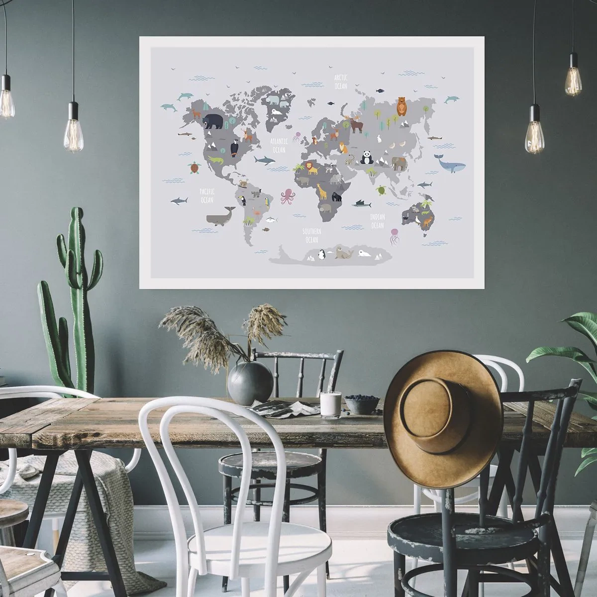 Poster - Una mappa del mondo con illustrazioni di animali su uno sfondo grigio - 100x70cm - Dimmi di dove sei... - Decorazione murale moderna per soggiorno e camera da letto ARTTOR