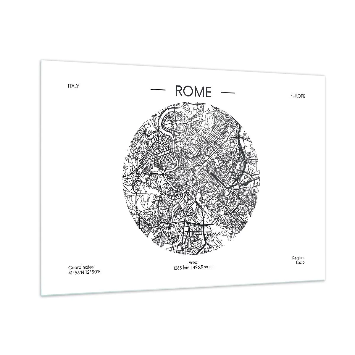 Quadro su vetro - Una mappa di Roma sotto forma di disegno stradale dettagliato - 100x70cm - Anatomia di Roma - Decorazione murale moderna per soggiorno e camera da letto ARTTOR