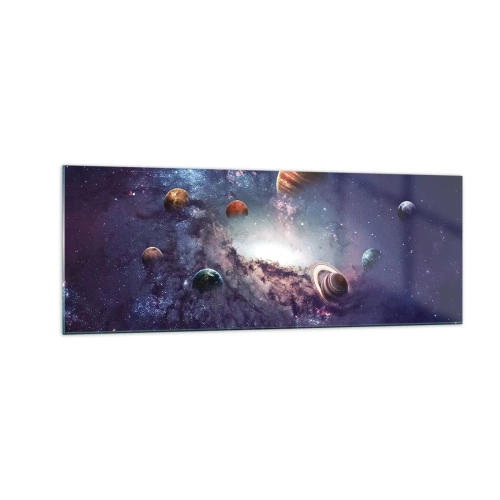 Quadro su vetro - Pianeti in una galassia con una nebulosa sullo sfondo - 140x50cm - Sistema solare danzante - Decorazione murale moderna per soggiorno e camera da letto ARTTOR