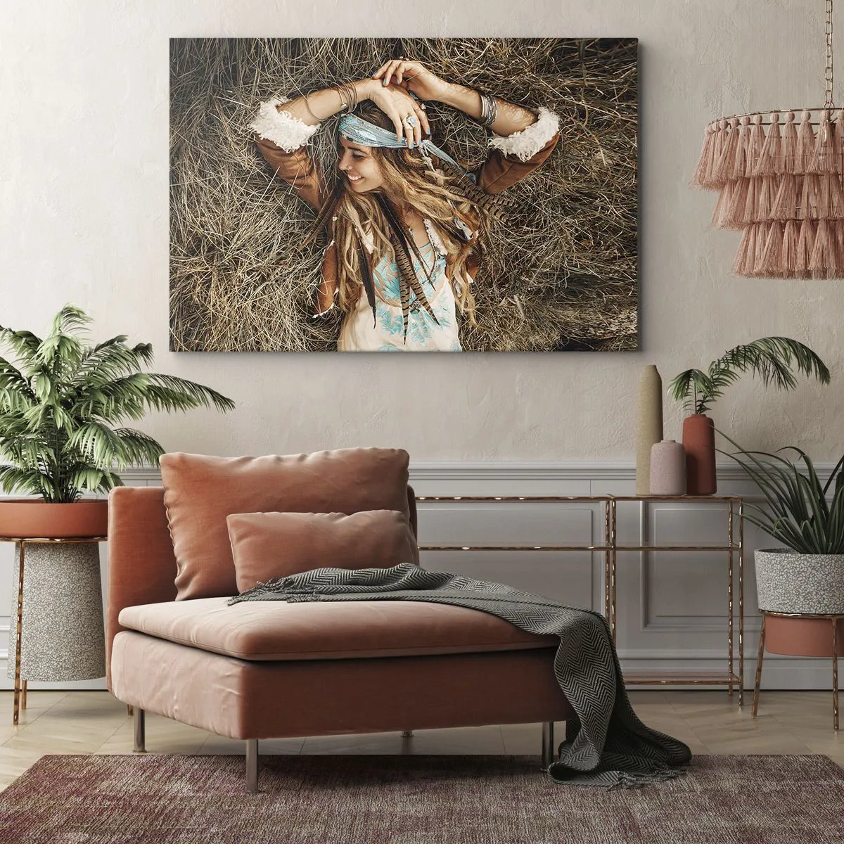 Quadro su tela - Stampe su Tela - Donna in stile boho sdraiata sul fieno - 120x80cm - Verso gli anni dell'amore - Decorazione murale moderna per soggiorno e camera da letto ARTTOR