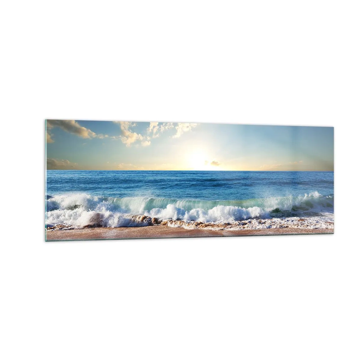 Quadro su vetro - Una spiaggia soleggiata con onde che si infrangono sulla riva - 140x50cm - Insieme movimento e immobilità - Decorazione murale moderna per soggiorno e camera da letto ARTTOR