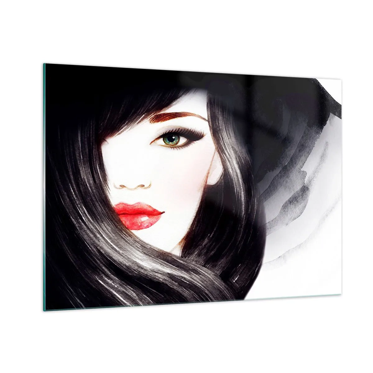 Quadro su vetro - Ritratto di una donna con capelli neri e labbra rosse espressive - 100x70cm - Sguardo di zaffiro - Decorazione murale moderna per soggiorno e camera da letto ARTTOR
