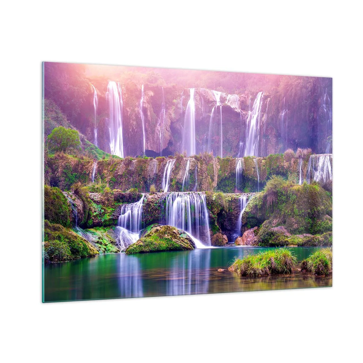 Quadro su vetro - Pittoresche cascate che scorrono lungo le rocce verdi al tramonto - 100x70cm - La scala verso il cielo - Decorazione murale moderna per soggiorno e camera da letto ARTTOR