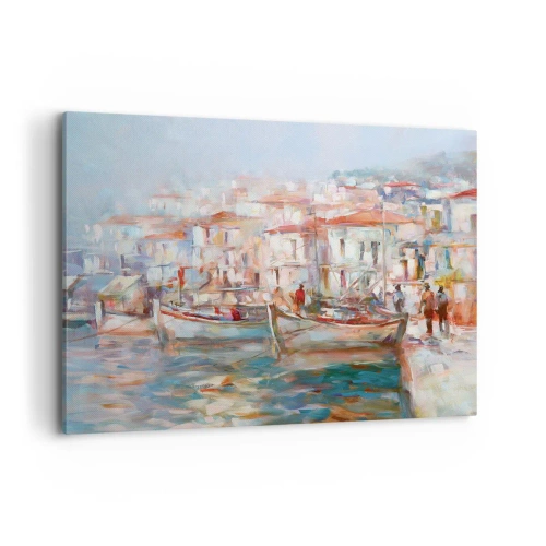 Quadro su tela - Stampe su Tela - Impressione del porto con barche ed edifici - 100x70cm - Vacanze in pastello - Decorazione murale moderna per soggiorno e camera da letto ARTTOR