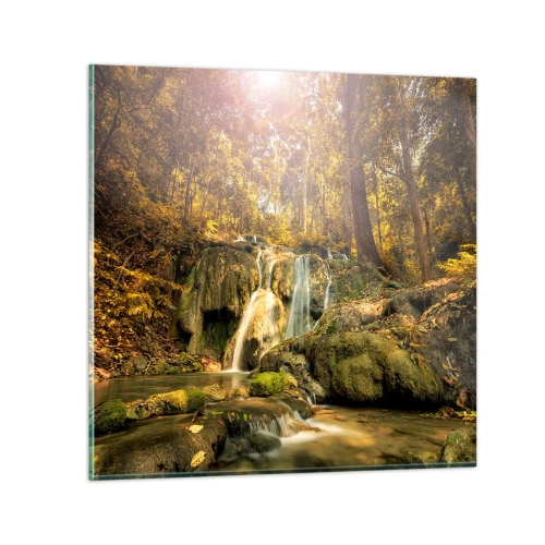 Quadro su vetro - Cascata boschiva in verde - 40x40 cm